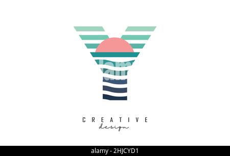Logo lettre y avec lignes droites et zigzag colorées.Illustration vectorielle avec lignes de couleur de mer et de coucher de soleil et demi-cercle. Illustration de Vecteur