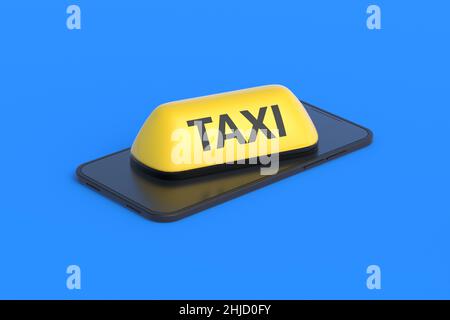 Panneau de taxi jaune sur le téléphone portable.Commande de transport de passagers.Application en ligne, suivi.3d rendu Banque D'Images