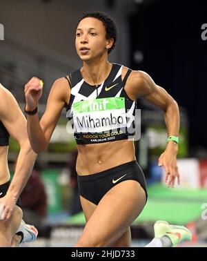 Karlsruhe, Allemagne.28th janvier 2022.Athlétisme, réunion en intérieur.Malaika Mihambo d'Allemagne dans la chaleur préliminaire des 60m femmes.Credit: Uli Deck/dpa/Alay Live News Banque D'Images