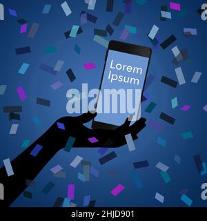 Un téléphone cellulaire est vu dans une main silhouettée dans une douche de confetti dans une illustration de 3-d. Banque D'Images