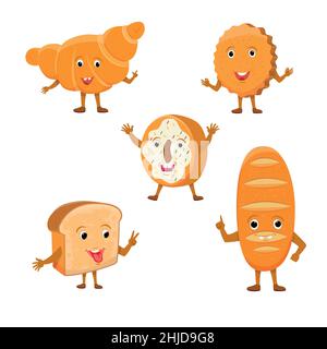 Personnages de pain.Pâtisseries savoureuses et drôles de boulangerie, dessins animés Happy pains visages ensemble de personnages, pain, donat, croissant et biscuits vecteur d'expression Illustration de Vecteur