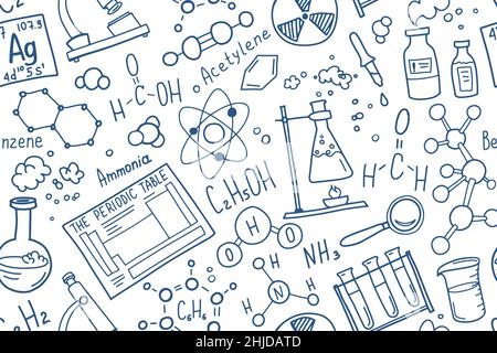 Ensemble d'icônes de symboles chimiques.Motif science-doodle.Concept d'éducation et d'étude.De retour à l'école un arrière-plan esquisse pour le bloc-notes, pas le bloc-notes Illustration de Vecteur