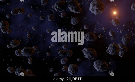 Un essaim d'astéroïdes devant la galaxie et la ceinture d'astéroïdes du Soleil, débris dans le système solaire d'astéroïdes.Champ devant le méga-astéroïde.3d réf Banque D'Images