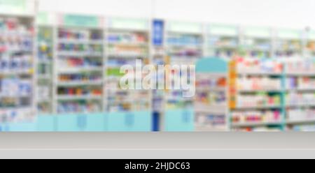 Arrière-plan de la bannière de la table de pharmacieBlur les compteurs de pharmacie avec des médicaments, des comprimés et des pilules.Photo de haute qualité Banque D'Images
