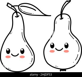 Drôle de joli personnage de poire.Dessin animé poire plate Vector pour enfants Happy Character.Illustration du concept de fruit de poire isolée sur fond vert. Illustration de Vecteur