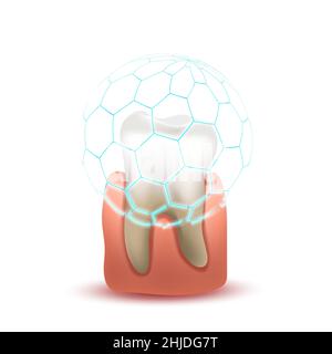 Dent humaine réaliste en gomme rose avec bouclier de protection bleu sur blanc Illustration de Vecteur