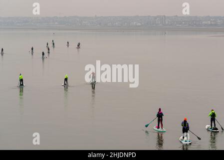 Paddle-board sur l'estuaire de la Thames tôt le matin retour vers Chalkwell après avoir passé Southend Pier.La Tamise est brumeuse, calme et plate Banque D'Images