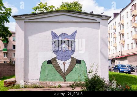 VIOLET par Mitya Pisliak.Un chat violet en lunettes de soleil et une veste verte.Art de la rue murale à Minsk (Bélarus).Dolgobrodskaja 12.2016 ans Banque D'Images