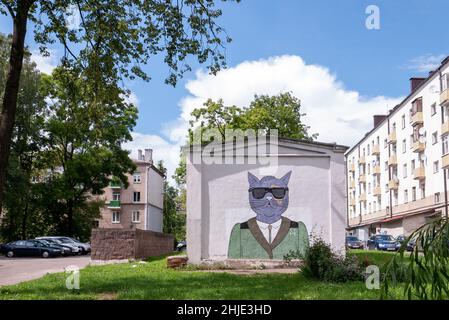 VIOLET par Mitya Pisliak.Un chat violet en lunettes de soleil et une veste verte.Art de la rue murale à Minsk (Bélarus).Dolgobrodskaja 12.2016 ans Banque D'Images