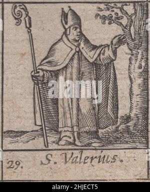 incesable, 15th siècle, médiéval, saints, saint,religieux, dévotionnel, sacré, taillé, gravé,gravure, janvier, mois, calendrier, catholique,rare, renaissance, illustré, détaillé, protecteur,protecteurs, imprimés, impression, latin, histoire,historique, original, prier, catholique romaine, est,orthodoxe, église, répressions, pape, prêtres,moines, rois, reclus, ermite, passion,laïc, symbole, spirituel, sainteté, art,Artisanal, art, artisanat, incunabula , Saint Valerius / Valerius de Saragosse Banque D'Images