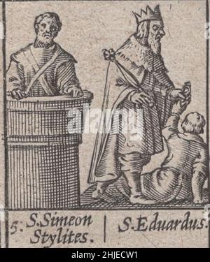 incesable, 15th siècle, médiéval, saints, saint,religieux, dévotionnel, sacré, taillé, gravé,gravure, janvier, mois, calendrier, catholique,rare, renaissance, illustré, détaillé, protecteur,protecteurs, imprimés, impression, latin, histoire,historique, original, prier, catholique romaine, est,orthodoxe, église, répressions, pape, prêtres,moines, rois, reclus, ermite, passion,laïc, symbole, spirituel, sainteté, art,Artisanal, art, artisanat, incunabula, Saint Simeon Stylites et Saint Eduardus / Simeon Stylites et Saint Edward le confesseur Banque D'Images