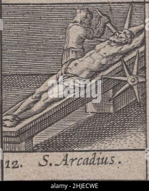 incesable, 15th siècle, médiéval, saints, saint,religieux, dévotionnel, sacré, taillé, gravé,gravure, janvier, mois, calendrier, catholique,rare, renaissance, illustré, détaillé, protecteur,protecteurs, imprimés, impression, latin, histoire,historique, original, prier, catholique romaine, est,orthodoxe, église, répressions, pape, prêtres,moines, rois, reclus, ermite, passion,laïc, symbole, spirituel, sainteté, art,Artisanal, art, artisanat, incunabula , Saint Arcadius / Arcadius de Mauretania Banque D'Images