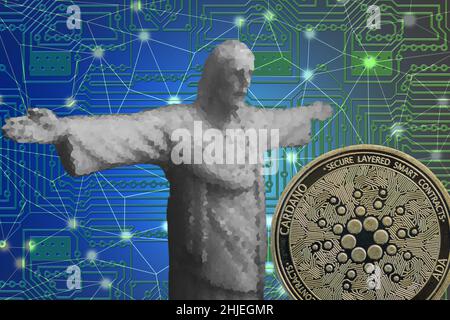 statue de jésus gris avec un effet de facette avec une ada de cardano en or et un fond de réseau Banque D'Images