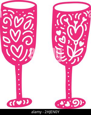 Deux verres à la main dessinés à la scandinave avec coeurs en style hygge. Élément vecteur de fleur pour les jours de Saint-Valentin, de mariage, carte de voeux romantique amour Illustration de Vecteur