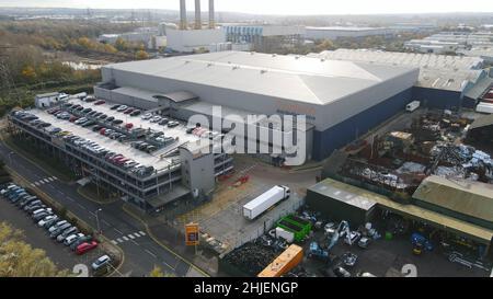 Sainsbury's distribution Centre - Rye Park, Hoddesdon Hertfordshire vue sur le Drone aérien Banque D'Images