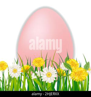 Gabarit bannière bouquet d'oeufs de Pâques avec fleurs bouquet pissenlits et pâquerettes, chamomiles, herbe.Illustration vectorielle.Un nouveau design pour les affiches Illustration de Vecteur