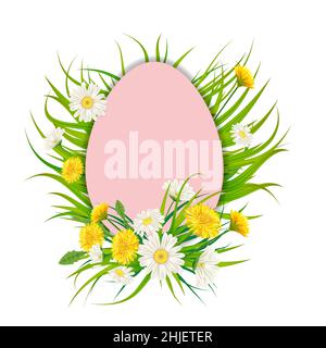 Gabarit bannière bouquet d'oeufs de Pâques avec fleurs bouquet pissenlits et pâquerettes, chamomiles, herbe.Illustration vectorielle.Un nouveau design pour les affiches Illustration de Vecteur