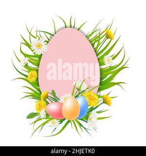 Gabarit bannière bouquet d'oeufs de Pâques avec fleurs bouquet pissenlits et pâquerettes, chamomiles, herbe.Illustration vectorielle.Un nouveau design pour les affiches Illustration de Vecteur