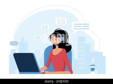 Femme avec casque et microphone avec ordinateur portable.Service client.Illustration du concept d'assistance, d'assistance, de centre d'appels.Illustration vectorielle dans Illustration de Vecteur