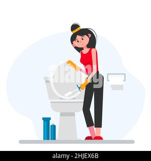 Femme nettoyant la salle de bains.La femme de ménage lave la cuvette de toilette avec la brosse.Salle de toilettes.Illustration vectorielle. Illustration de Vecteur