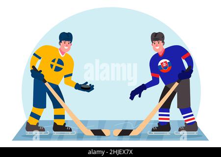 Joueurs de hockey sur glace.Concurrence entre la Suède et la Slovaquie.Illustration vectorielle dans un style plat. Illustration de Vecteur