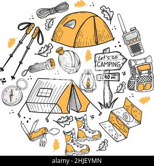 Kit de camping avec éléments de style Doodle dessinés à la main.Éléments disposés en cercle.Articles pour le tourisme et les loisirs.Elément isolé sur un blanc Illustration de Vecteur