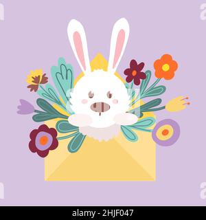 Lapin de Pâques dans une enveloppe avec un bouquet de fleurs.Carte postale Joyeuses Pâques.Arrière-plan violet.Éléments de conception. Illustration de Vecteur