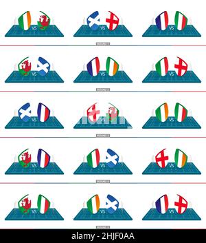 Équipe de rugby Pays de Galles, Italie, Irlande, Ecosse, France, Angleterre sur terrain de rugby vert, équipes de rugby de championnat. Illustration de Vecteur