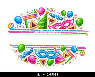 Vector Border pour Purim Carnaval avec copyspace pour le texte, coupon horizontal avec illustration de la variété de ballons colorés, confetti décoratifs et sw Illustration de Vecteur