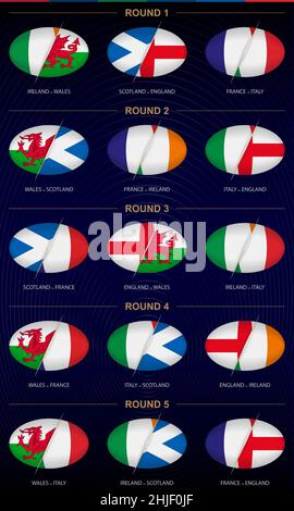 Tournoi de rugby tous les 5 tours, 15 matches.Icône de rugby en forme de balle sur fond bleu foncé.Modèle vectoriel. Illustration de Vecteur