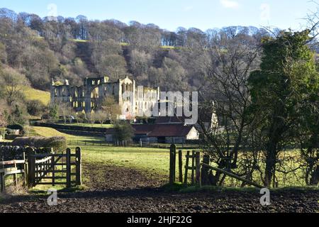 Abbaye de Rievauxl, vue lointaine sur les champs, Yorkshire, Angleterre Banque D'Images