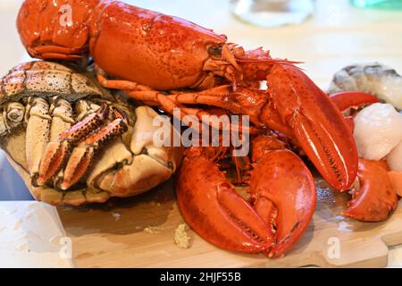 Le pagurus du cancer a cuit le crabe, le homard canadien, les pétoncles frais crus et les crevettes fraîches crues sur un plan de cuisine en bois Banque D'Images
