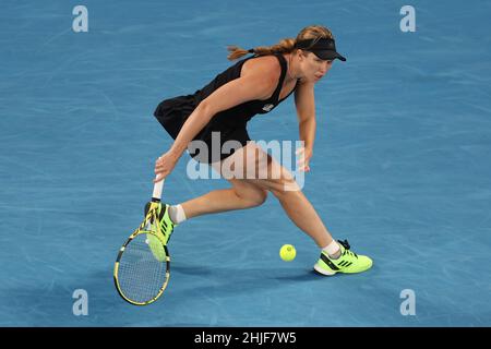 Melbourne, Australie.29th janvier 2022.27th SEED DANIELLE COLLINS (USA) en action contre 1st SEED ASHLEIGH BARTY (AUS) sur Rod laver Arena dans un match de finale des femmes célibataires le jour 13 de l'Open d'Australie 2022 à Melbourne, en Australie.Sydney Low/Cal Sport Media/Alamy Live News Banque D'Images