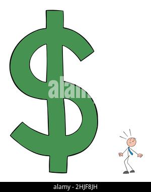 L'homme d'affaires stickman est effrayé et confus par le très, très grand symbole de dollar.Illustration vectorielle dessinée à la main. Illustration de Vecteur