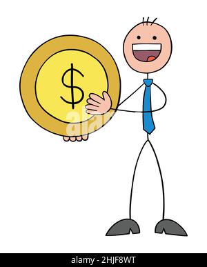 Homme d'affaires stickman tenant la pièce de dollar et heureux.Illustration vectorielle dessinée à la main. Illustration de Vecteur