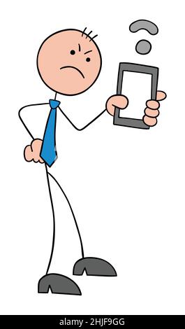 Stickman homme d'affaires tient le téléphone et est frustré par la faiblesse du signal wifi.Illustration vectorielle dessinée à la main. Illustration de Vecteur