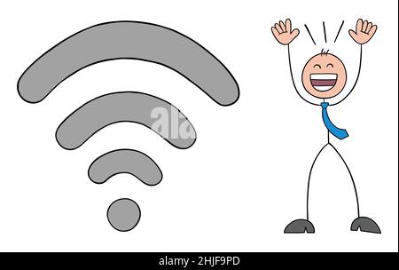 Stickman homme d'affaires est très heureux avec le signal WiFi fort.Illustration vectorielle dessinée à la main. Illustration de Vecteur