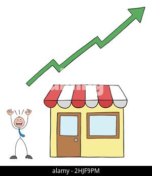 Stickman homme d'affaires est très heureux au sujet de l'augmentation dans le tableau des ventes de la boutique.Illustration vectorielle dessinée à la main. Illustration de Vecteur