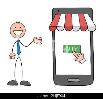 Stickman homme d'affaires est devant le téléphone et les achats en ligne.Illustration vectorielle dessinée à la main. Illustration de Vecteur