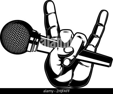 Main humaine avec microphone.Élément de design pour affiche, logo, étiquette, t-shirt.Illustration vectorielle Illustration de Vecteur