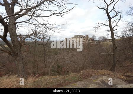 Blankenburg, Allemagne.29th janvier 2022.Vue sur les ruines du château de Regenstein avec leurs chambres sculptées dans le rocher.La roche de grès sur laquelle se trouvait autrefois le château de la grotte est une destination populaire pour les excursions.Là, vous pouvez visiter les vestiges énumérés du château de Regenstein, qui a été mentionné pour la première fois en 1169.Du 12th au 15th siècle, c'était le siège du pouvoir des comtes de Regenstein.Le total de 32 salles de roche sculptées en grès, dont la plupart peuvent être visitées, sont considérées comme une caractéristique spéciale.Credit: Matthias Bein/dpa-Zentralbild/ZB/dpa/Alay Live News Banque D'Images