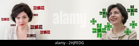 Comparaison des points positifs et négatifs.Femmes d'affaires avec différentes expressions du visage entourées de signes plus et moins avec l'espace de copie pour vous Banque D'Images