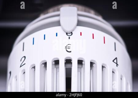 Gros plan du thermostat d'un radiateur de chauffage avec symbole Euro, augmentation des coûts pour le concept de chaleur et d'énergie. Banque D'Images
