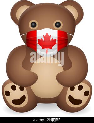 Ours en peluche avec masque médical drapeau du Canada sur fond blanc. Illustration vectorielle. Illustration de Vecteur