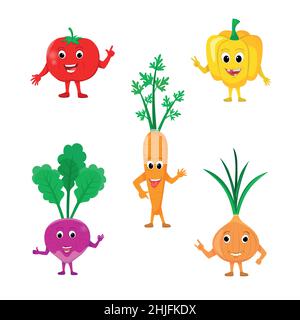 Ensemble de différents personnages de légumes heureux mignons.Drôle de légumes savoureux, dessin animé visages de légumes ensemble de caractères, tomate, carotte, poivre, oignon Illustration de Vecteur