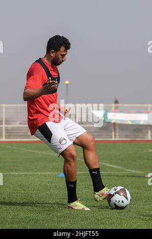 Cameroun, Yaoundé, 29 janvier 2022.Trezeguet de l'Egypte pendant la session d'entraînement avant le quart de finale du match entre l'Egypte et le Maroc à la coupe d'Afrique des Nations, au terrain d'entraînement Olembe Stadium.Crédit : Sebo47/Alamy Live News Banque D'Images