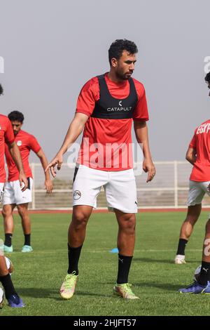 Cameroun, Yaoundé, 29 janvier 2022.Trezeguet de l'Egypte pendant la session d'entraînement avant le quart de finale du match entre l'Egypte et le Maroc à la coupe d'Afrique des Nations, au terrain d'entraînement Olembe Stadium.Crédit : Sebo47/Alamy Live News Banque D'Images