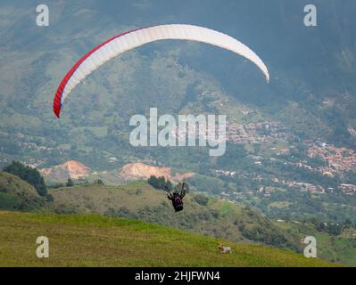 Des hommes volant dans un parapente rouge près des montagnes tandis qu'un petit chien traverse le champ vert à Belmira, Antioquia, Colombie Banque D'Images