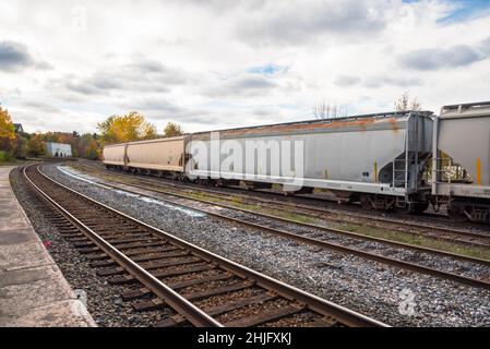 Wagons de marchandises dans une gare ferroviaire par une journée d'automne nuageux Banque D'Images