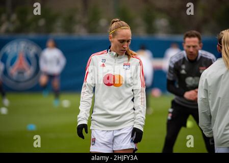 Janice Cayman de l'Olympique Lyonnais se réchauffe avant la coupe de France des femmes, ronde du match de football 16 entre Paris Saint-Germain et Olympique Lyonnais (Lyon) le 29 janvier 2022 au stade Georges Lefevre à Saint-Germain-en-Laye, France - photo Antoine Massinon / A2M Sport Consulting / DPPI Banque D'Images